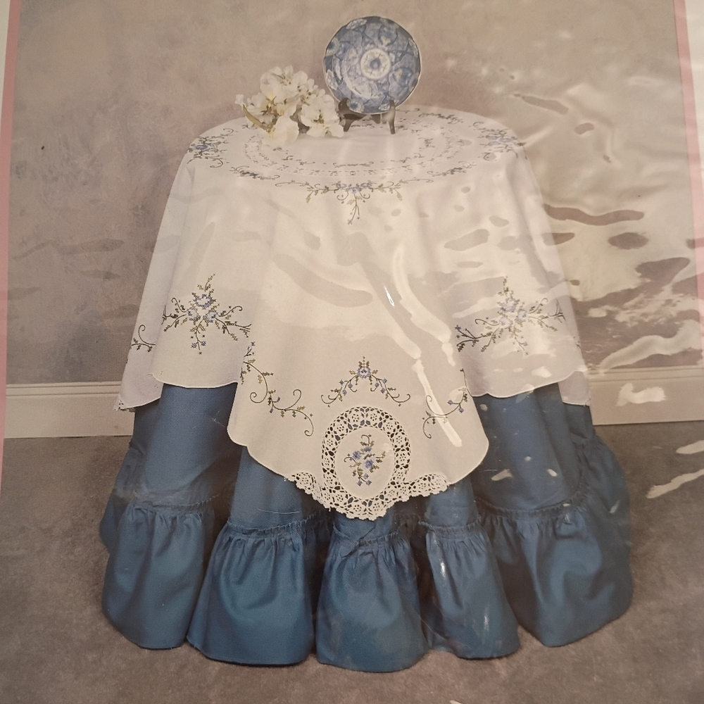 Emily Hand Made Cross Stitched Topper 45" Square 100% Cotton Floral Table Linen
